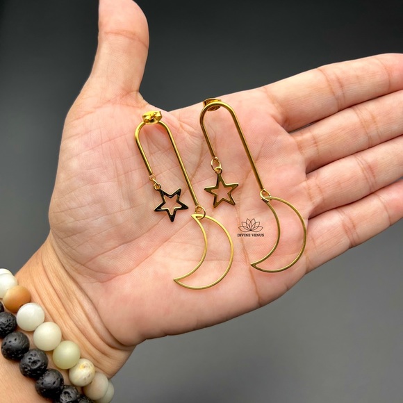 Moon Star Dangle Earrings 🌙⭐️ Gold Plated Stainless Steel | Handmade - Picture 5 of 5